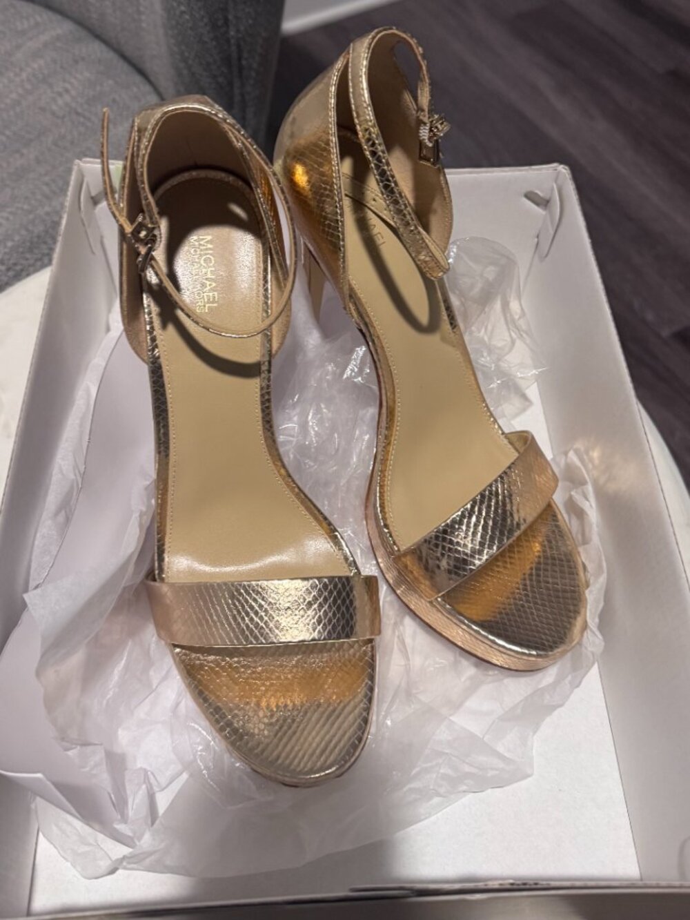 Michael Kors Gold Textured Heels Size 11 Ankle Strap Stiletto Sandals - Picture 9 of 9